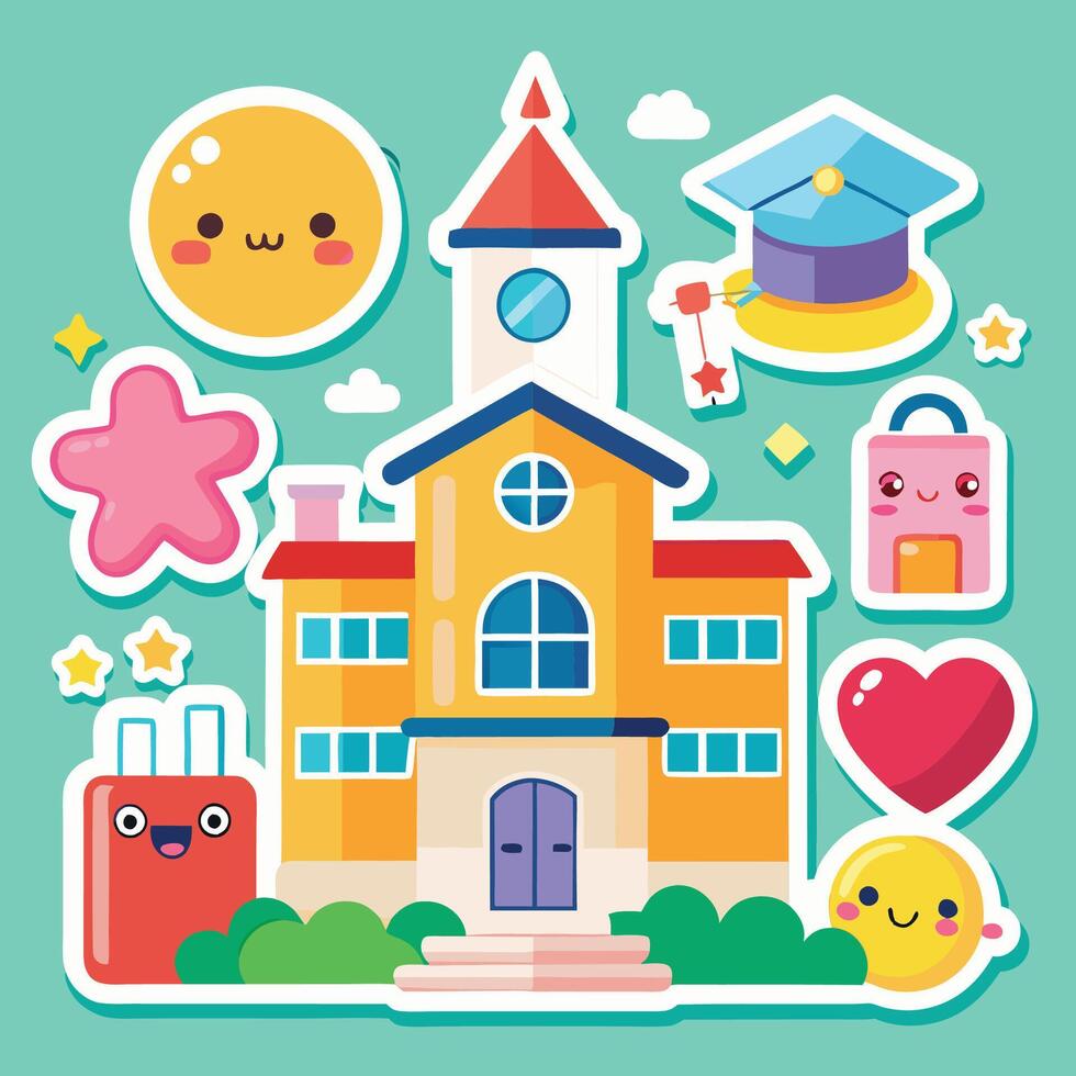 school building with school supplies and other items vector