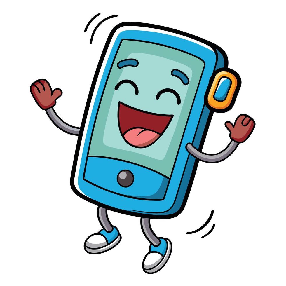 a cartoon cell phone character dancing and waving vector
