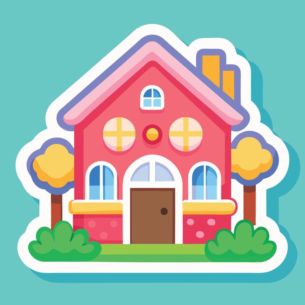 a sticker of a house with a tree and bushes on a white background vector
