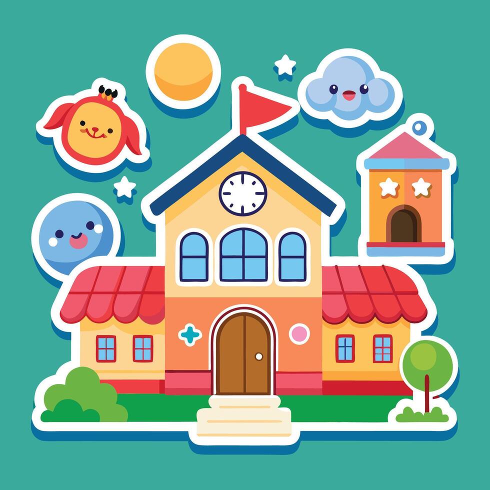 school building with clock and other objects vector