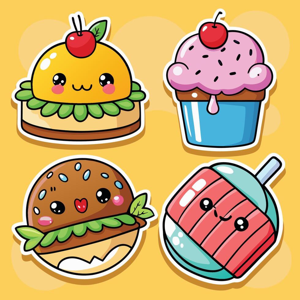 cute hamburger, burger, and ice cream stickers on a white background vector