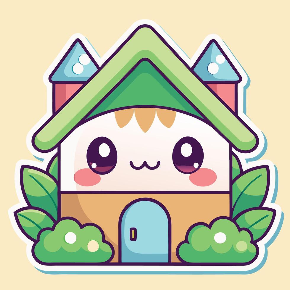 a cute house with a green roof and green leaves vector