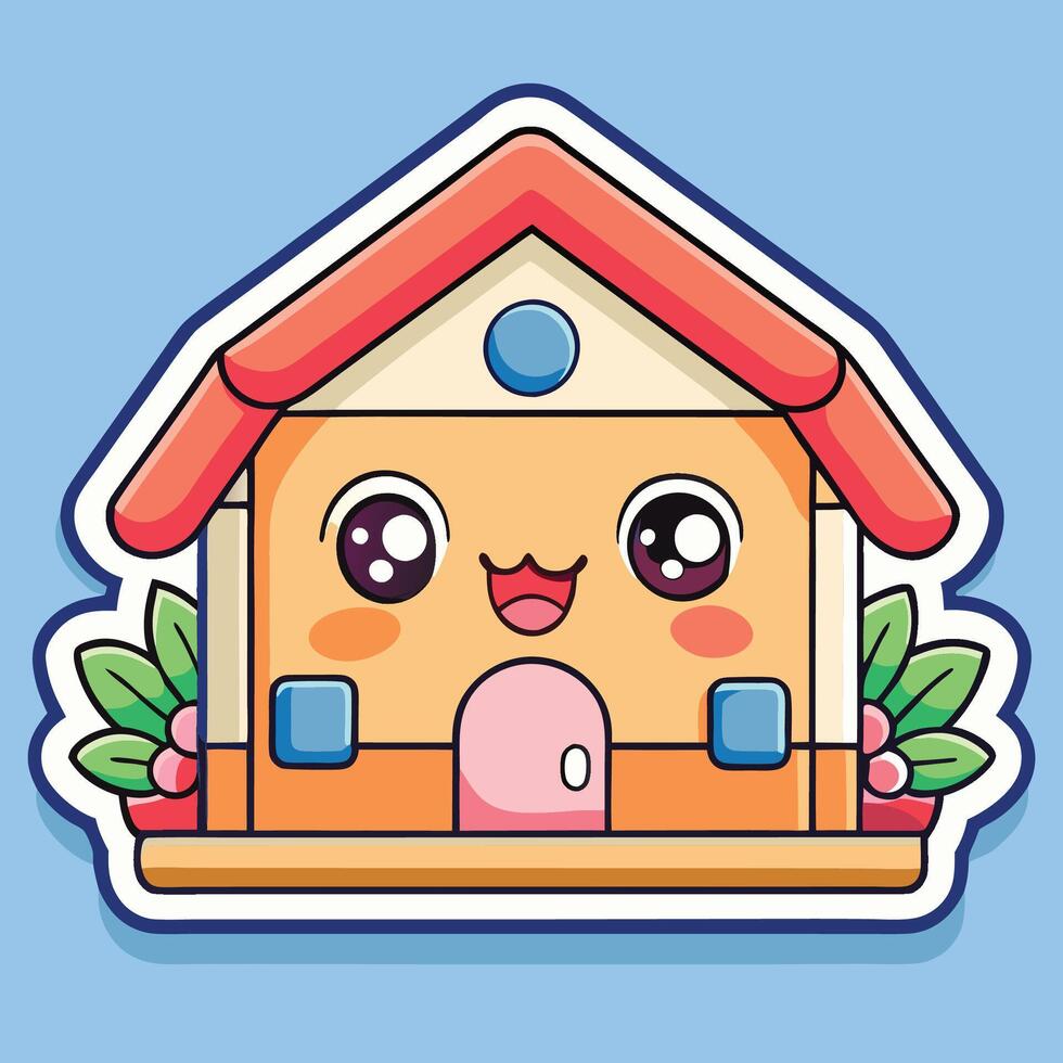 a sticker of a cute house with a smiley face on a white background vector