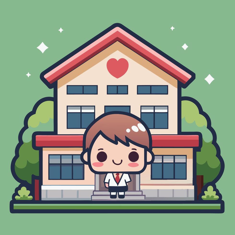 a cartoon character standing in front of a school building on a white background vector