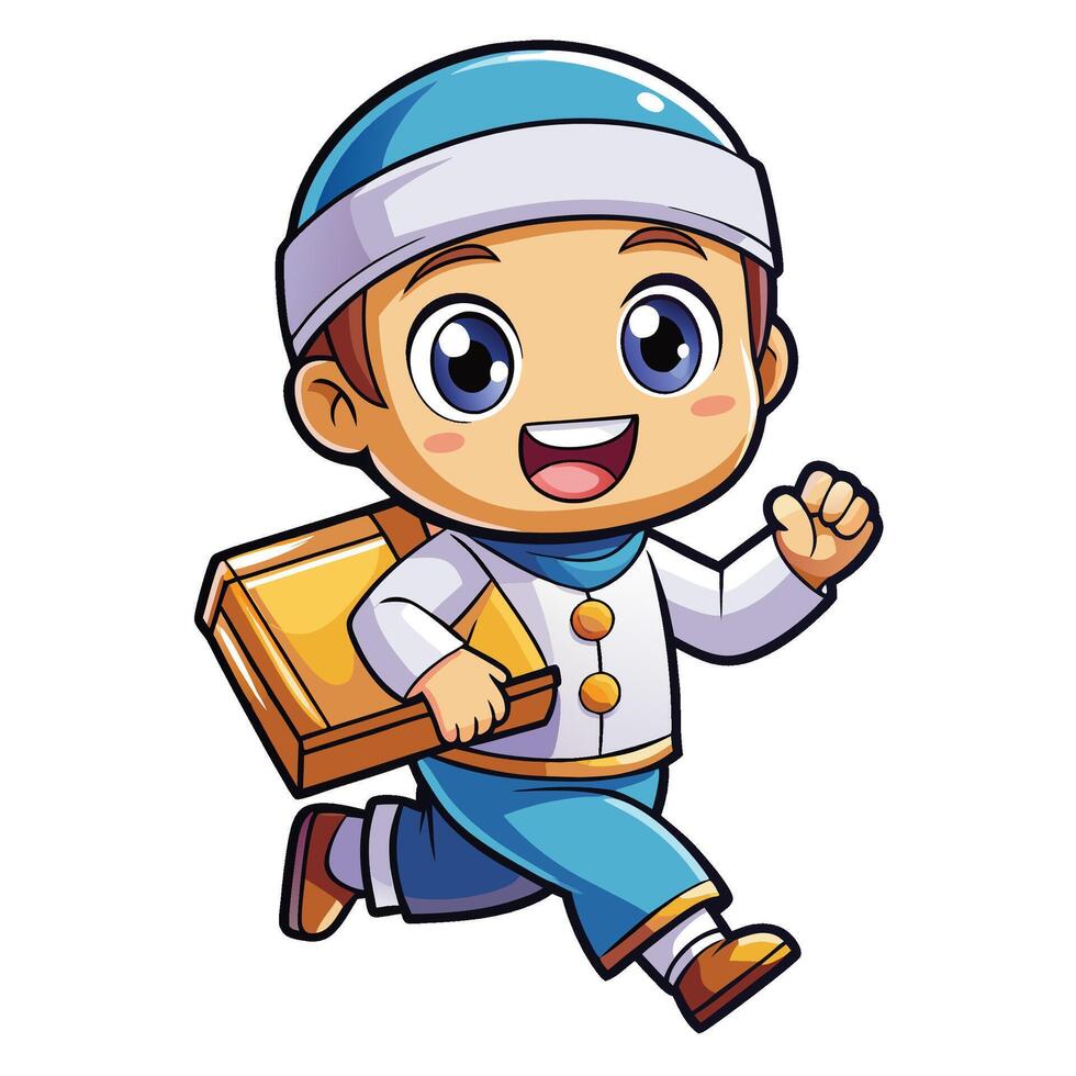 cartoon muslim boy running with a box on a white background vector