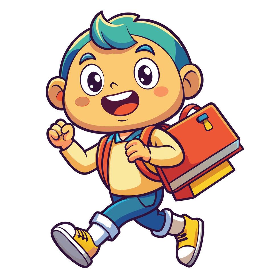 cartoon boy with backpack running and smiling on a white background vector