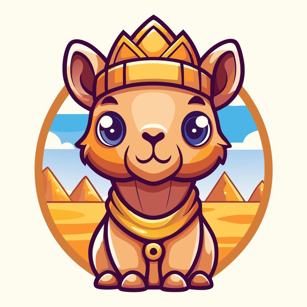 cute little egyptian llama with crown and pyramid in background vector