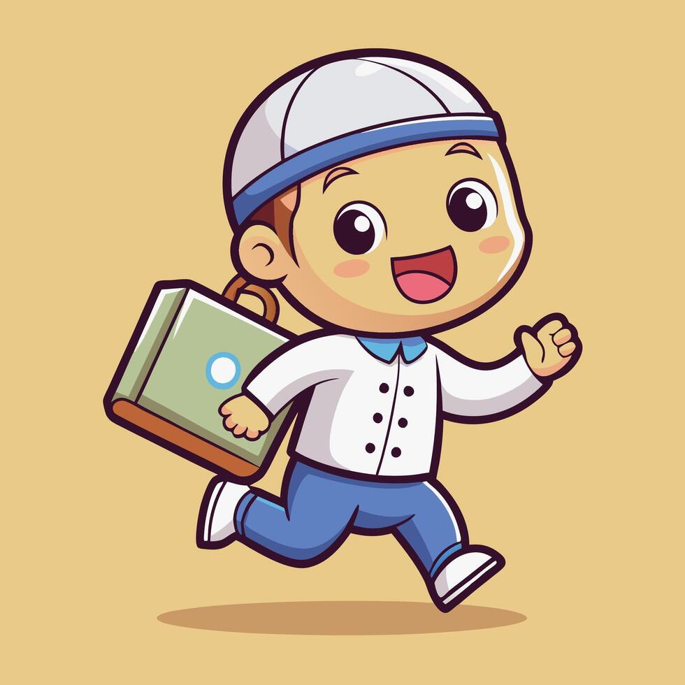 kawai chibi cartoon boy running with a briefcase vector