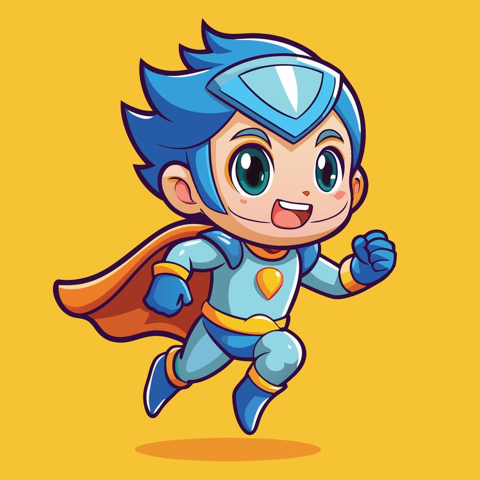 cartoon superhero boy running with blue cape vector