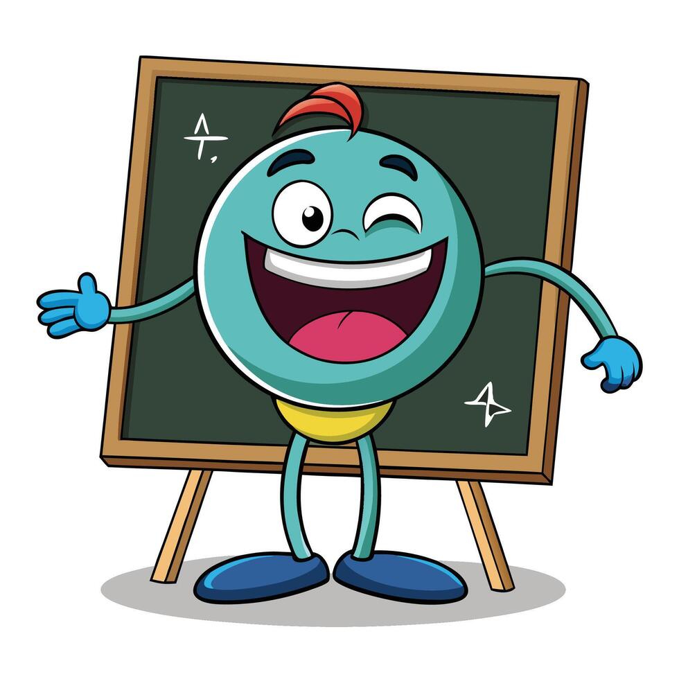 a cartoon blue sphere with arms and legs standing in front of a blackboard vector