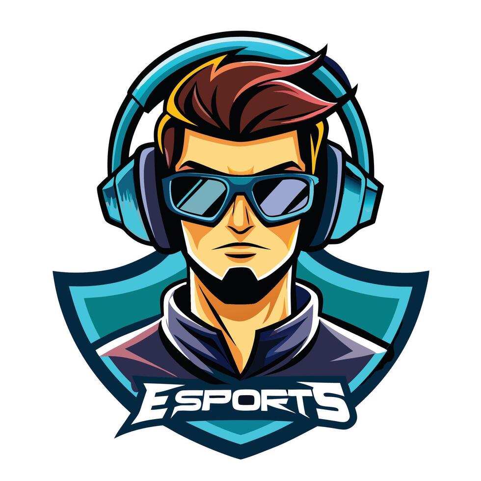 a man wearing headphones and glasses with the word esports vector