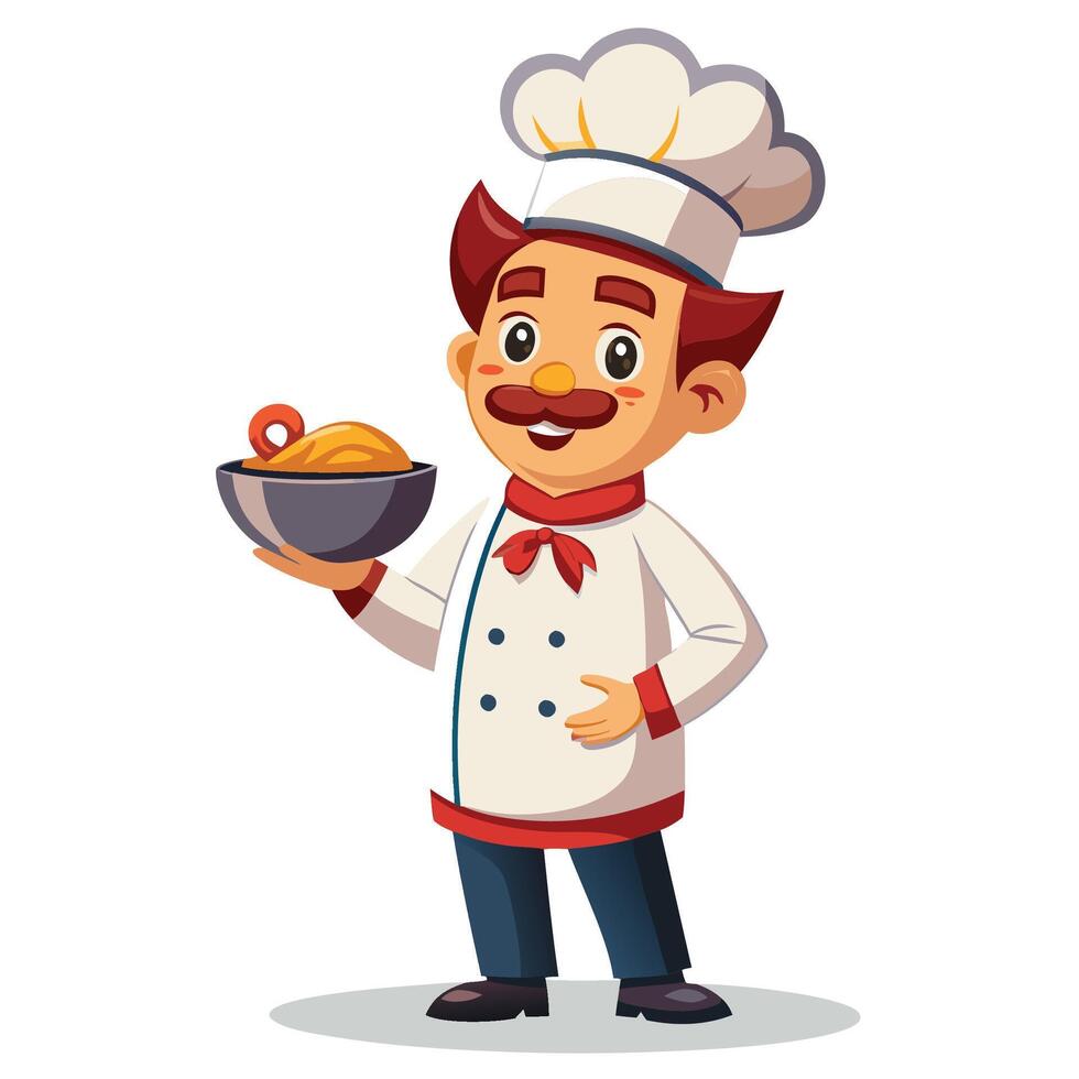 chef holding a bowl of food on a white background vector