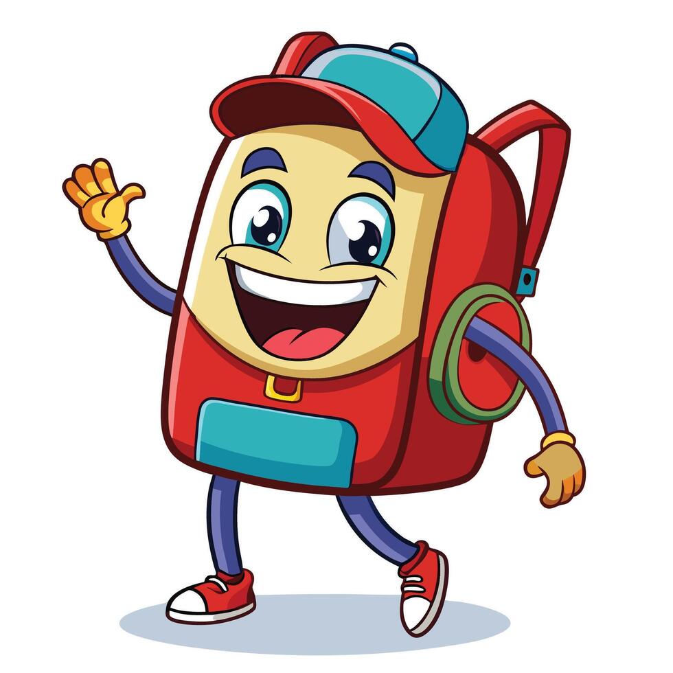 cartoon backpack character waving and smiling vector