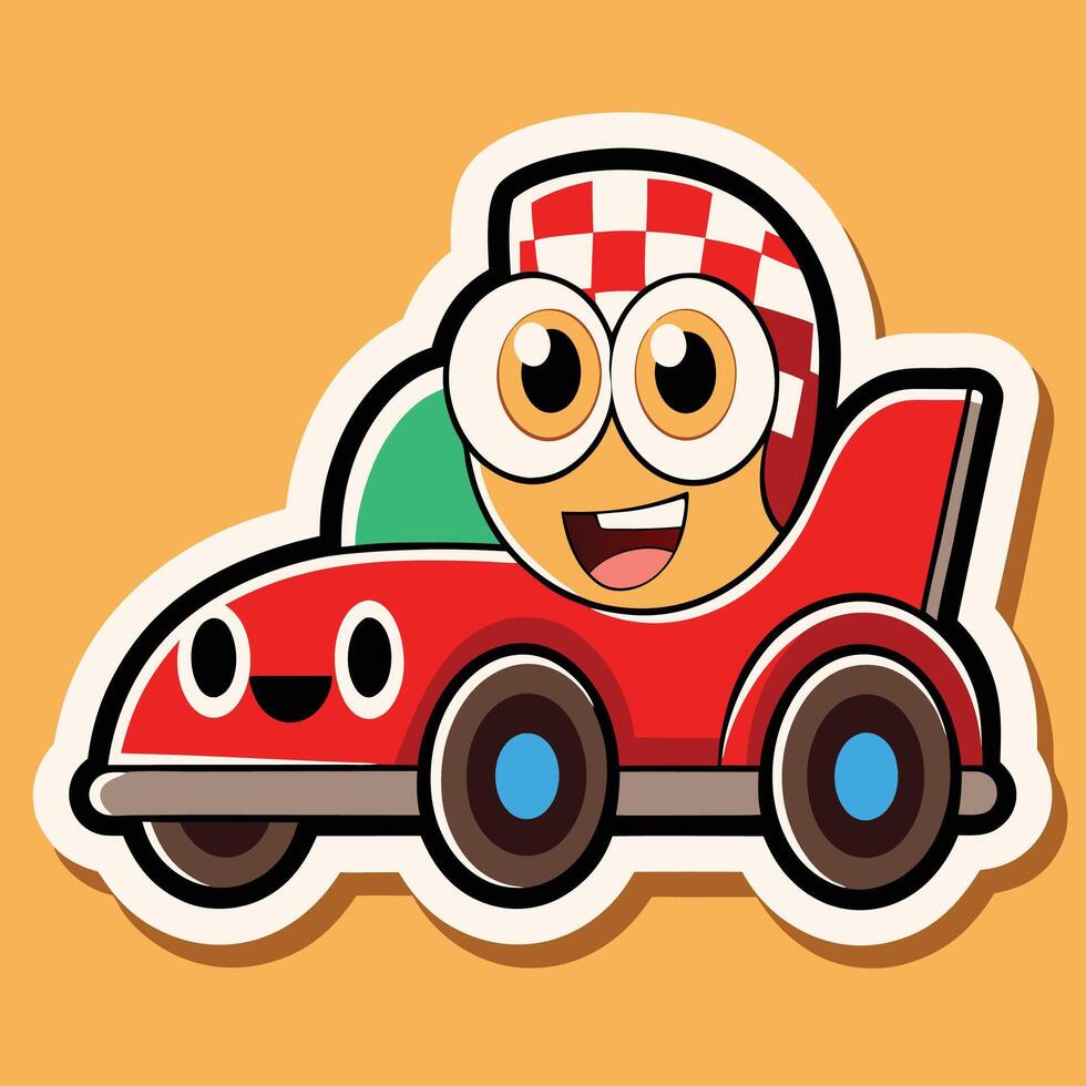 a sticker of a cartoon car with a smiley face vector