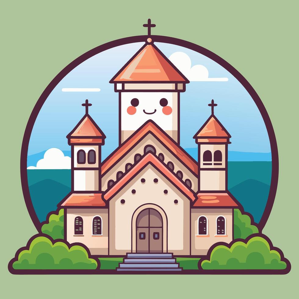 a cartoon church with a smiley face on a white background vector