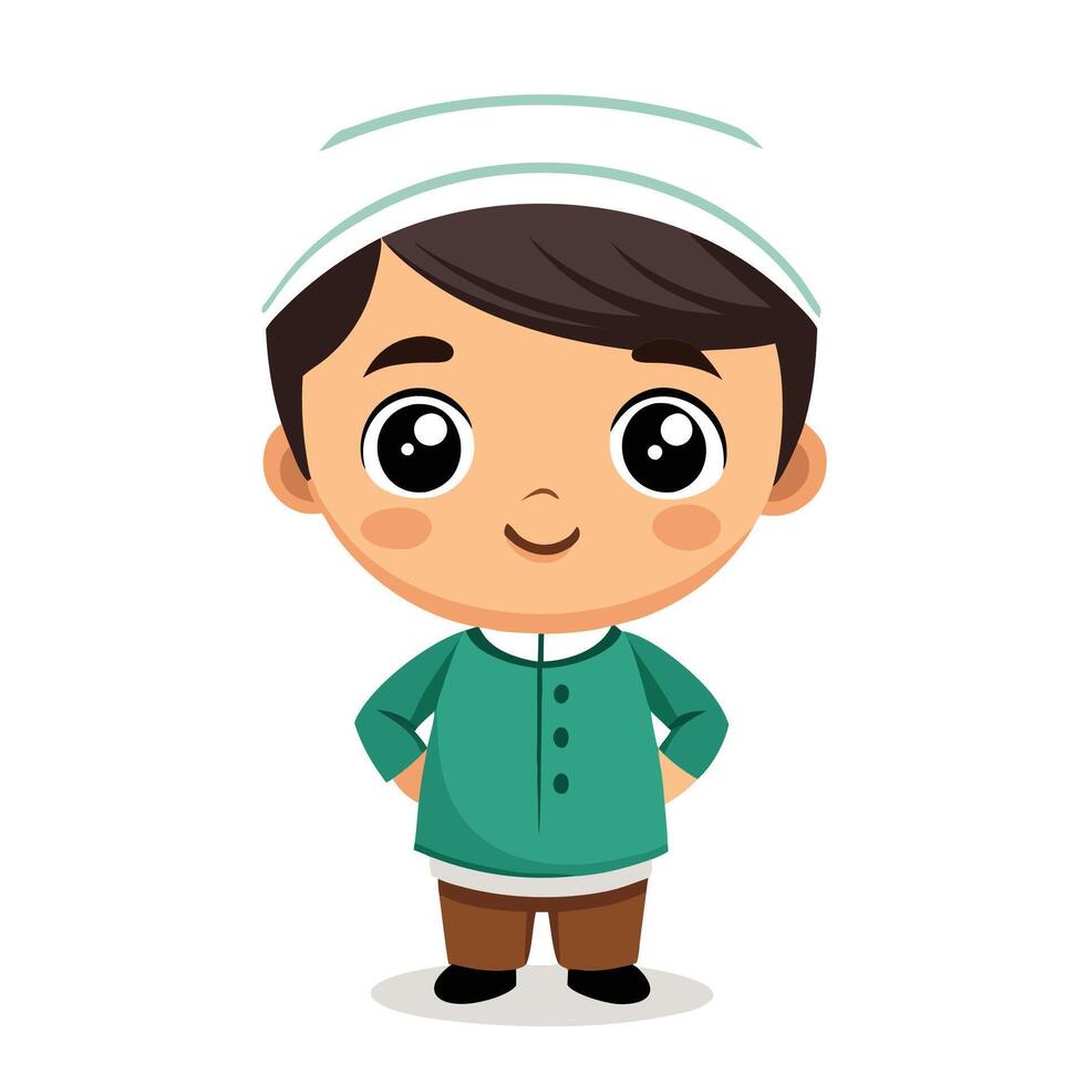 a cartoon boy in a traditional muslim on a white background vector