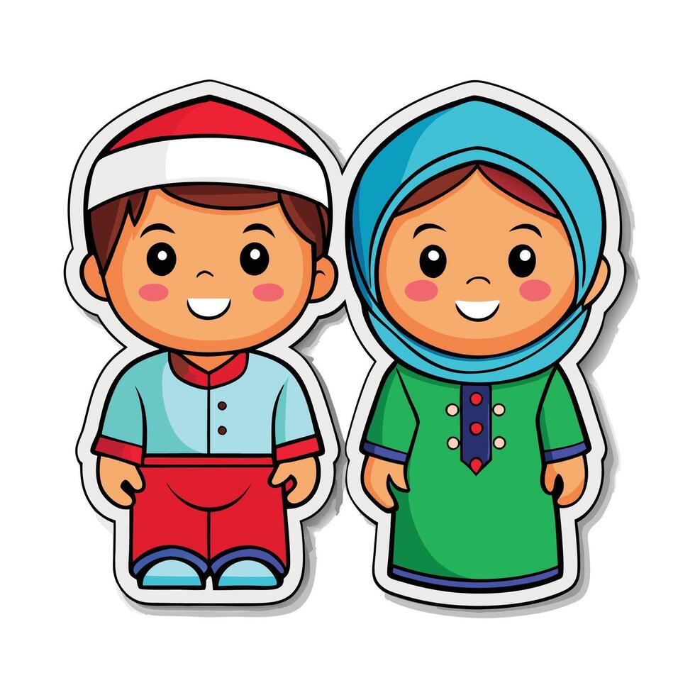 sticker of muslim couple in traditional clothes vector