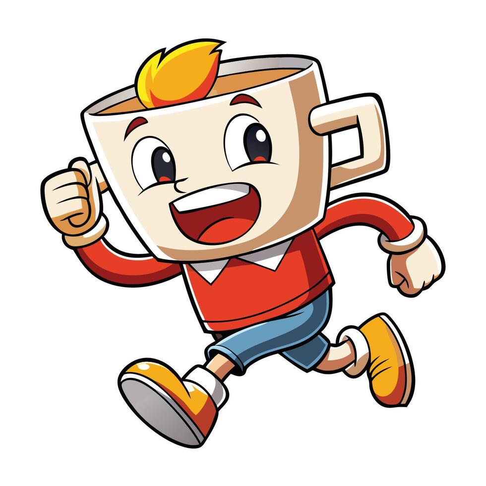 a cartoon boy running with a cup of coffee vector