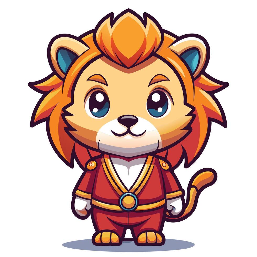 kawai chibi cartoon lion in a red suit vector