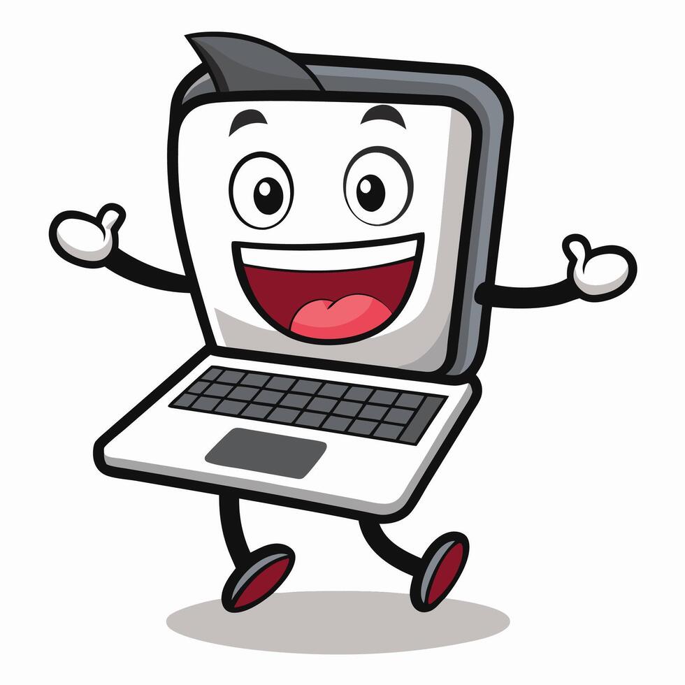 a cartoon laptop character running and waving vector