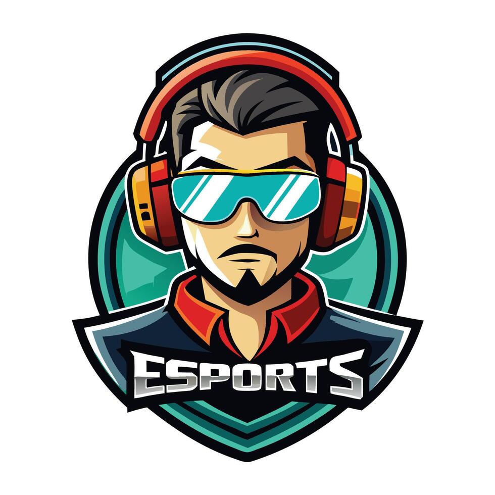 esports logo with a man wearing headphones on a white background vector