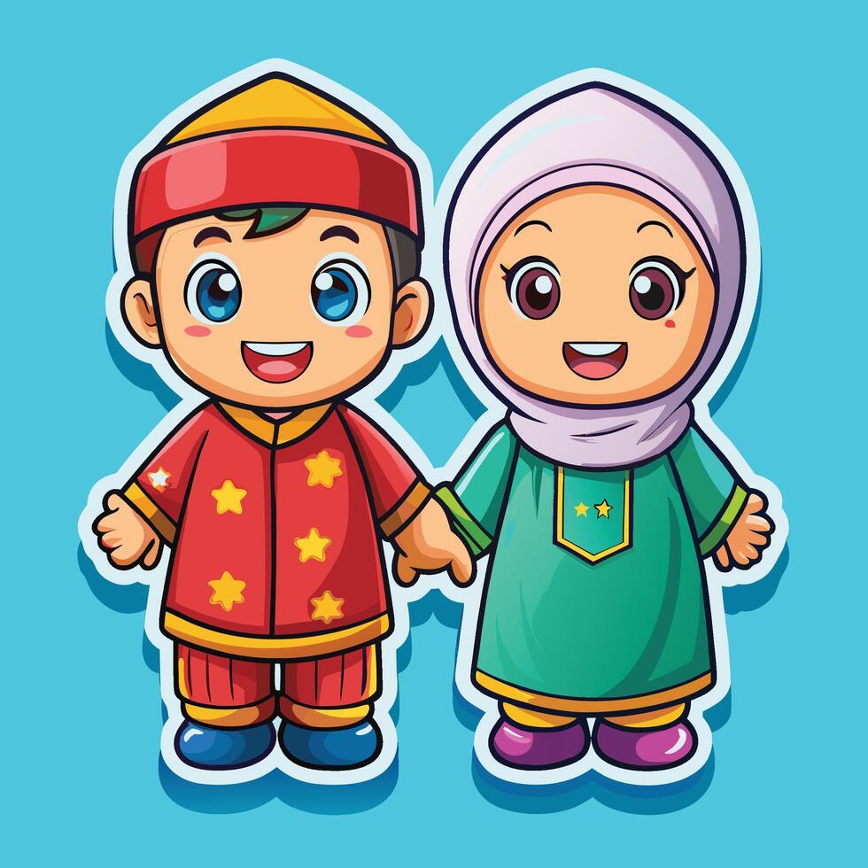 cartoon muslim boy and girl holding hands on a white background vector