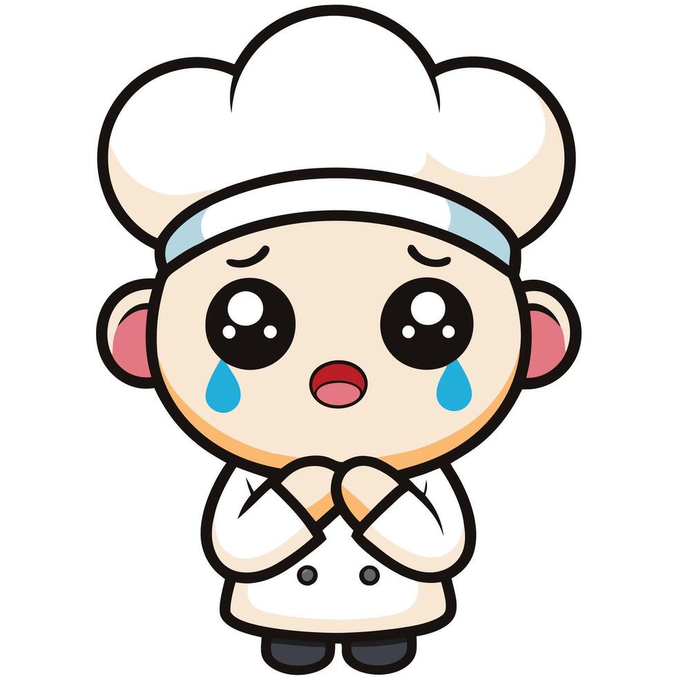a cartoon chef crying with his hands folded on a white background vector