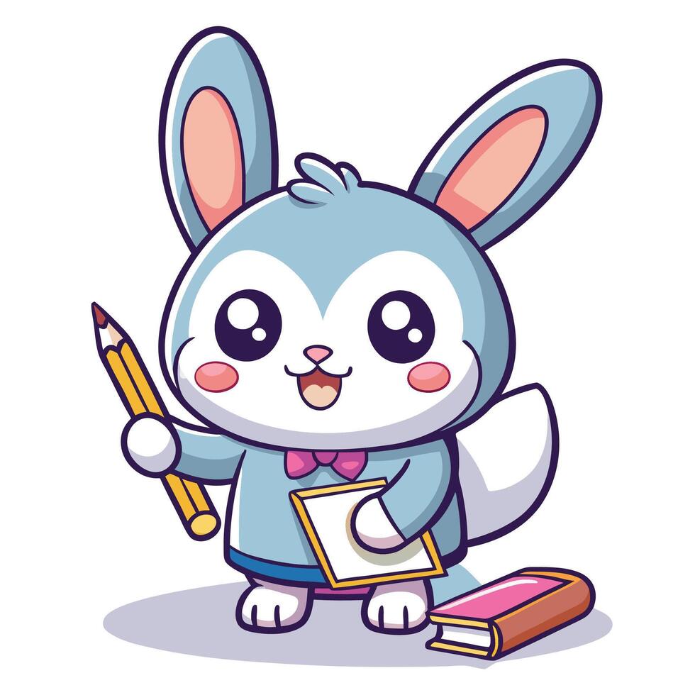 a cartoon rabbit holding a pencil and a book on a white background vector