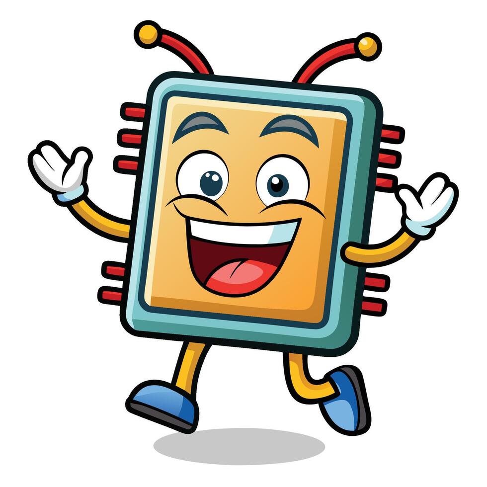 a cartoon computer chip character running and waving vector