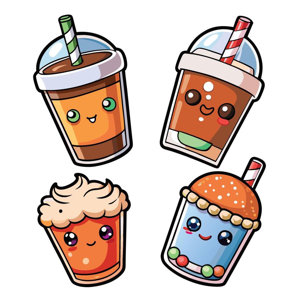 cute kawaii drink stickers set on a white background on a white background vector