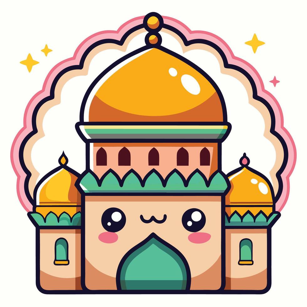 cartoon mosque with a smiling face kawai vector