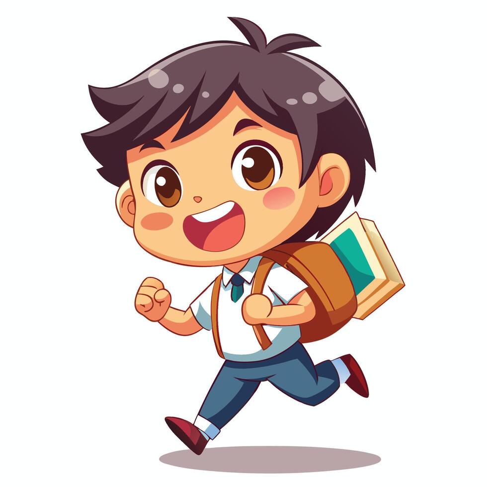cartoon boy with backpack running and holding books vector
