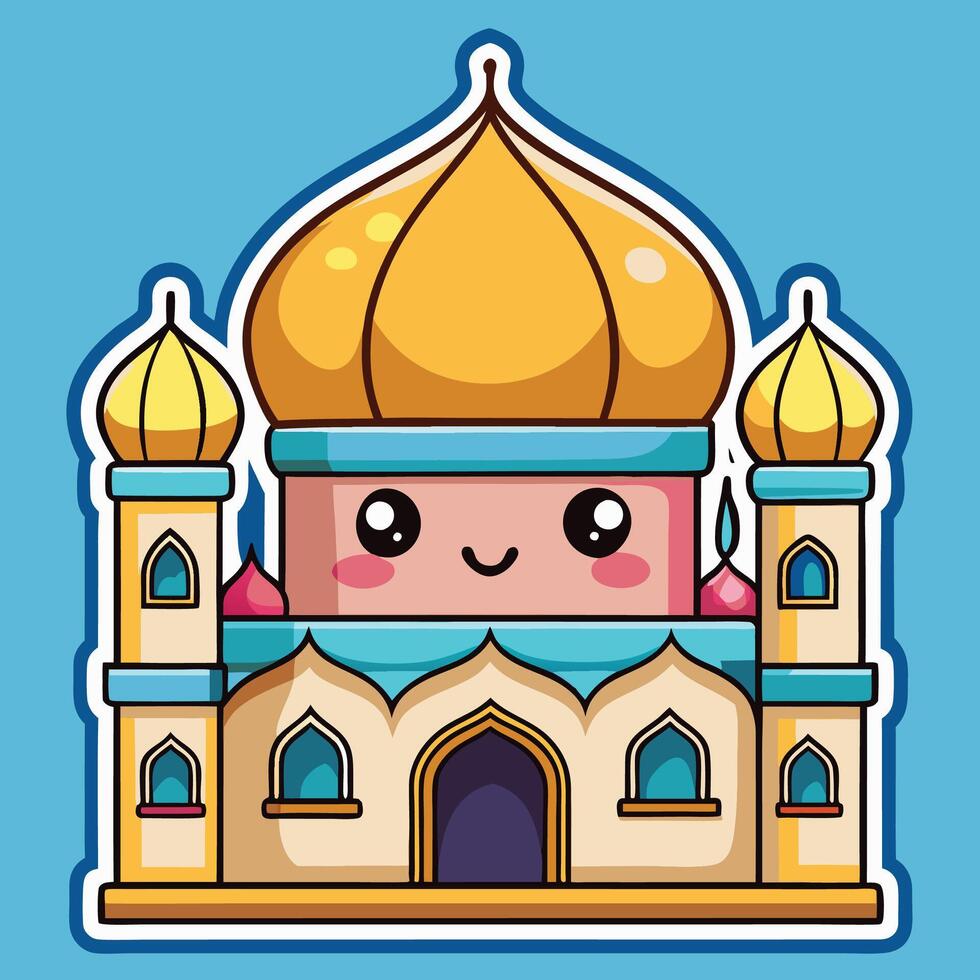 cartoon mosque with a gold dome and a smiling face vector