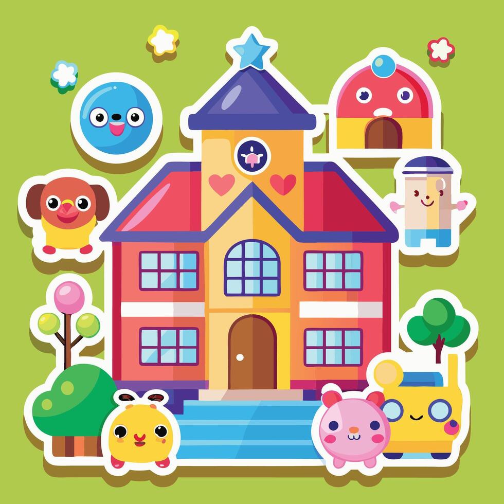 school house sticker set with cute animals and buildings vector