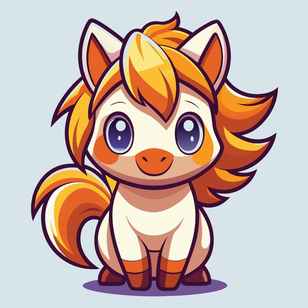 kawai chibia cartoon pony with orange hair and blue eyes vector