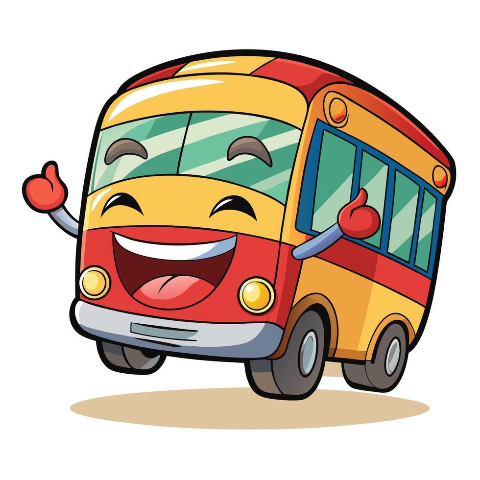 a cartoon bus with a happy face and thumbs up vector