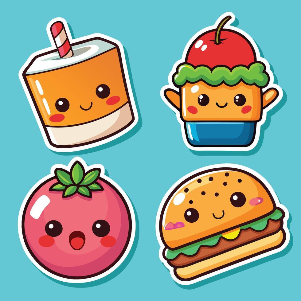 cute food stickers set with hamburger, apple, tomato, and soda vector