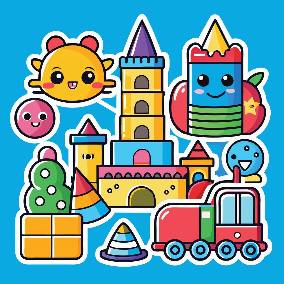 a set of stickers with toys and a castle vector