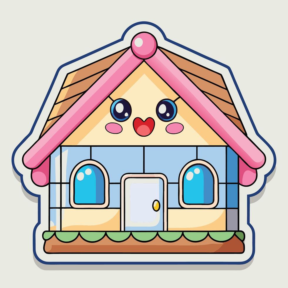 sticker of cute house with pink roof and windows vector
