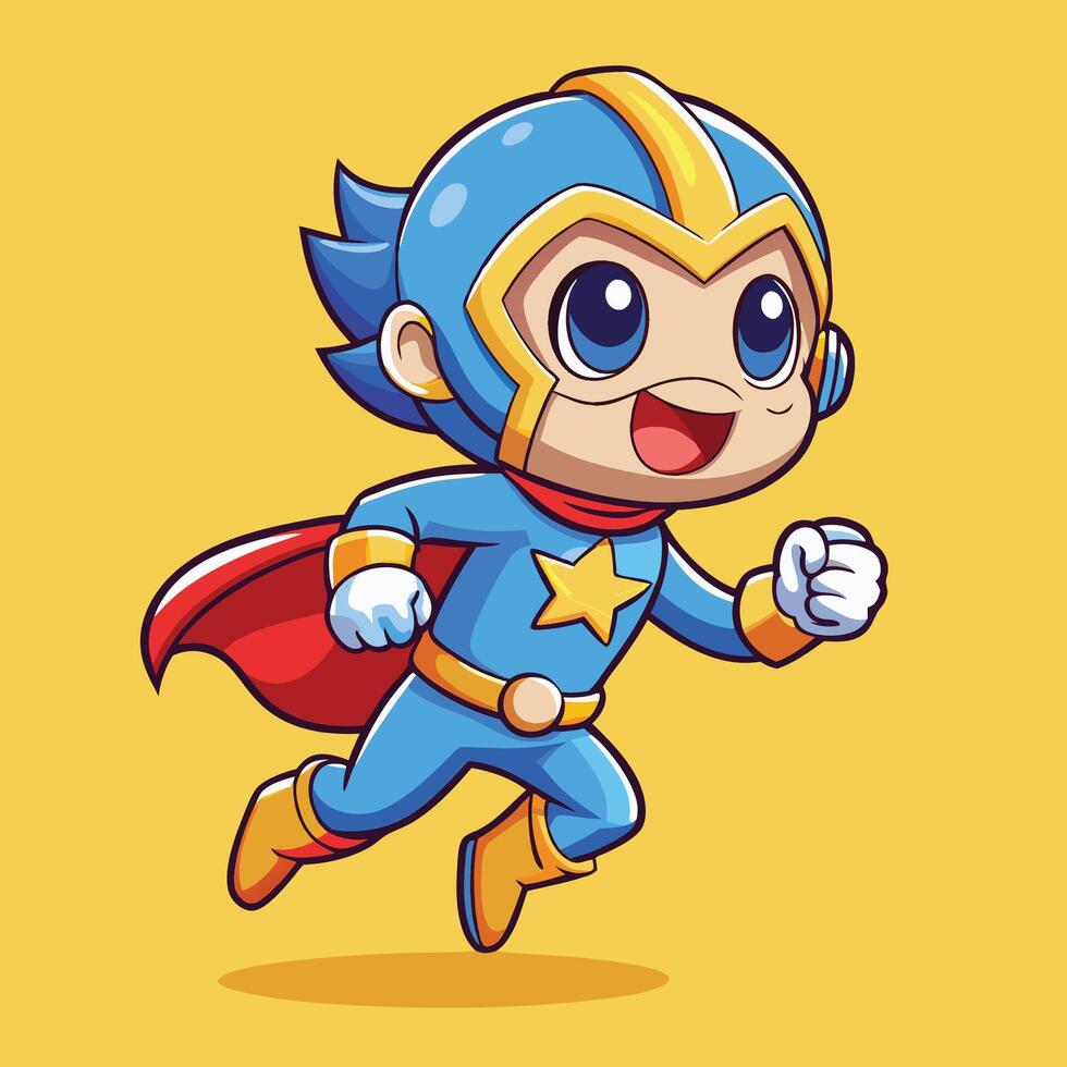 cartoon superhero running with blue cape and star vector
