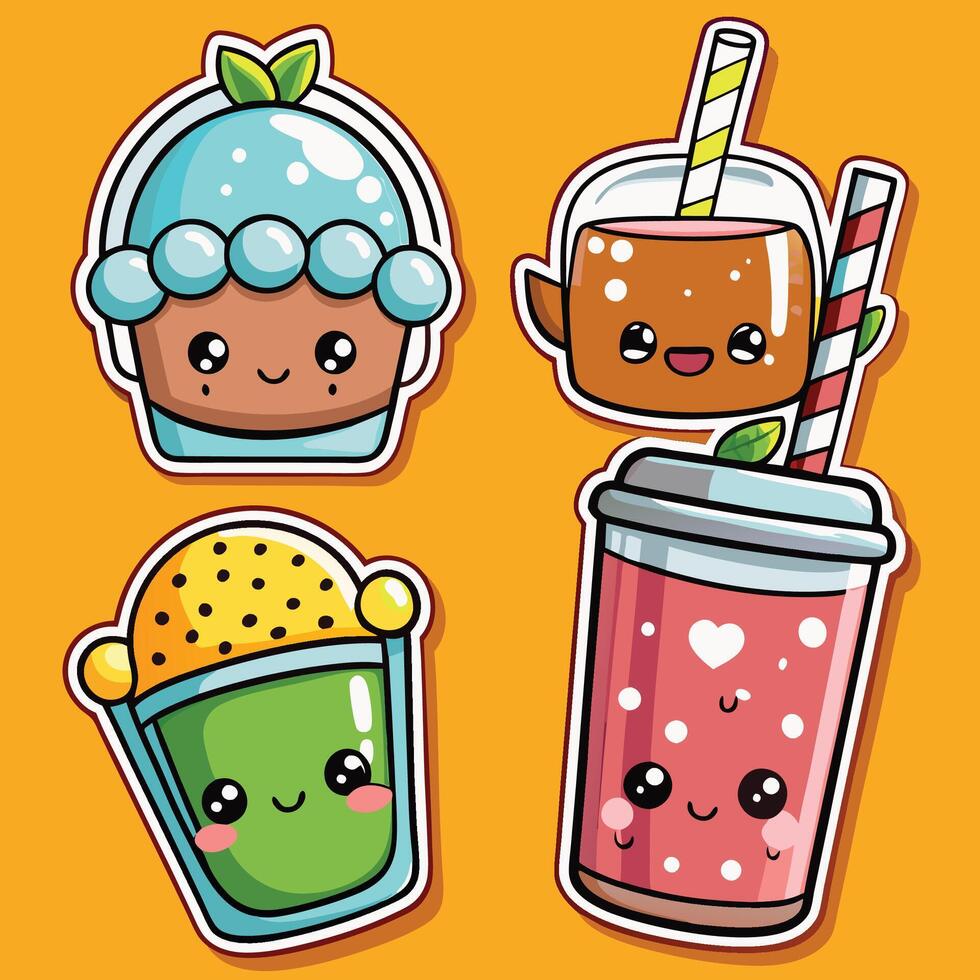 cute kawaii drink stickers set with different drinks on a white background vector