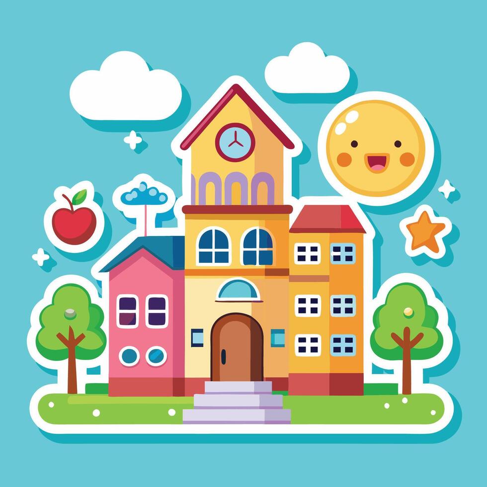 school building with apple, sun and clouds vector