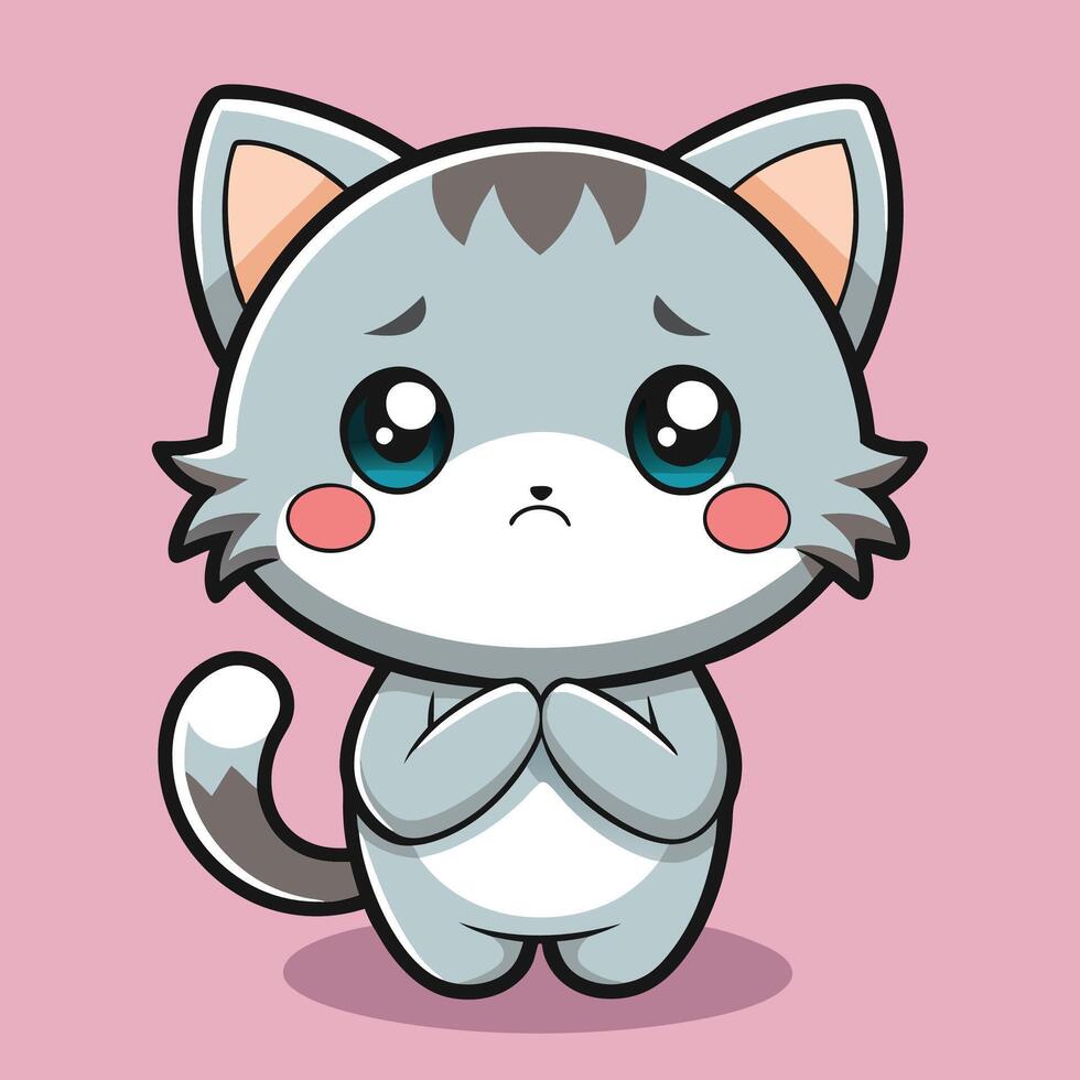 a cartoon cat with sad eyes on a pink background vector
