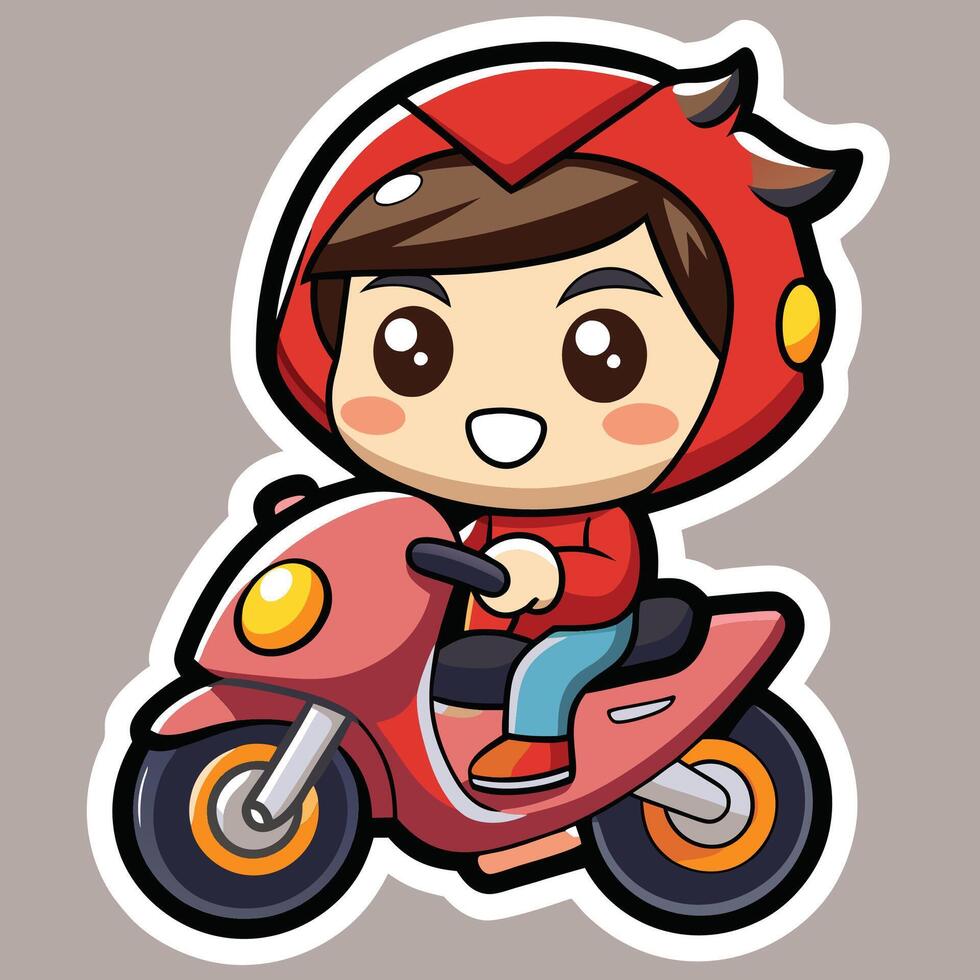 a sticker of a boy riding a motorcycle on a white background vector