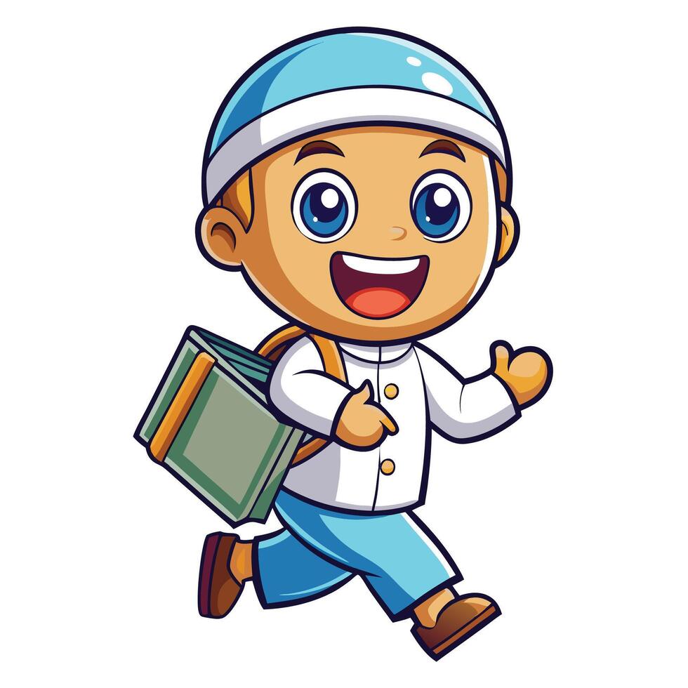 muslim boy with backpack and book running illustration vector