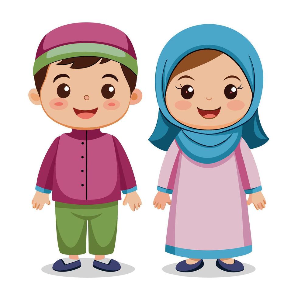 cute kawaii muslim boy and girl in traditional vector