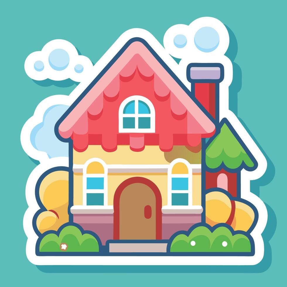 sticker with house and trees on blue background vector