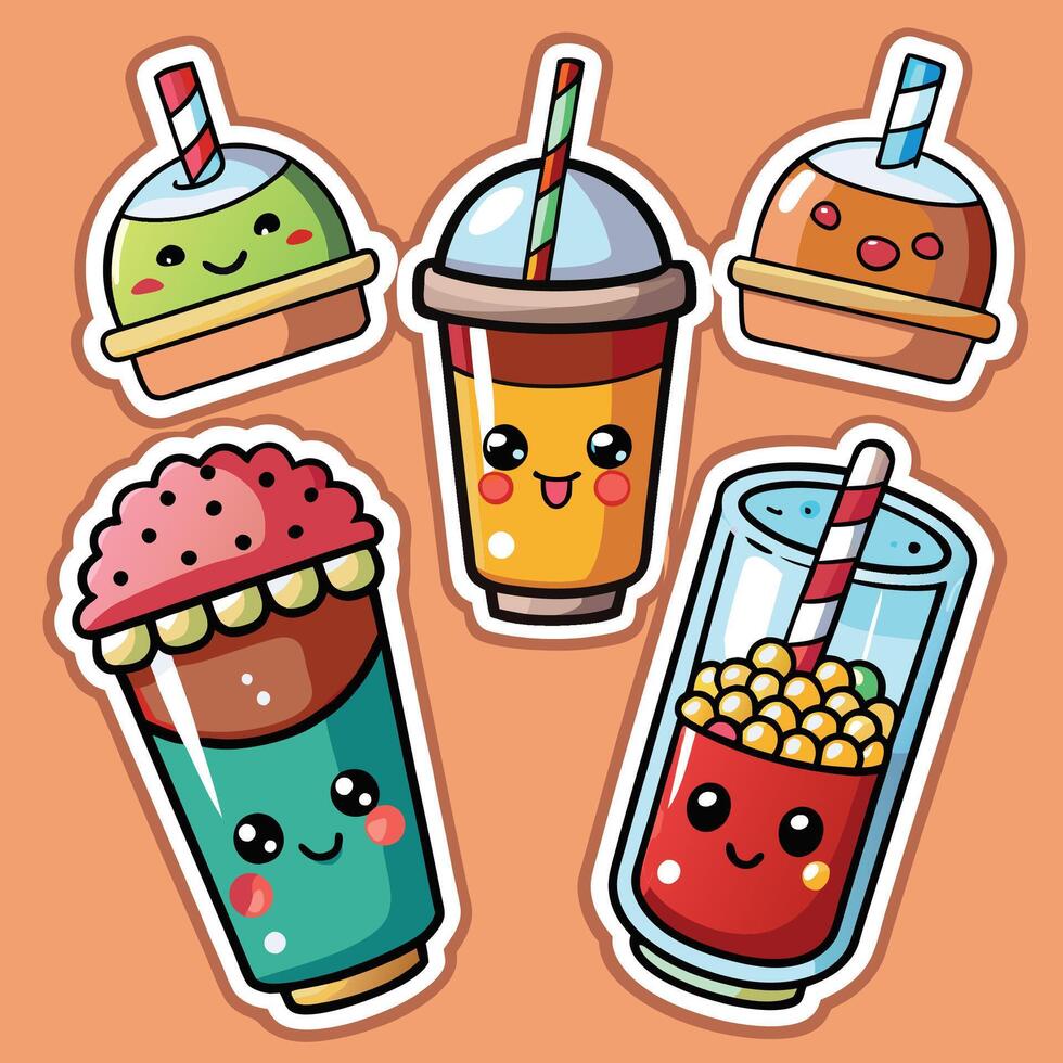 cute drink stickers set with vector