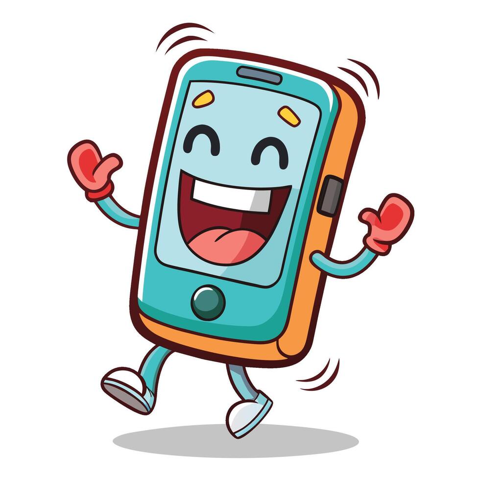 cartoon mobile phone character running and jumping vector