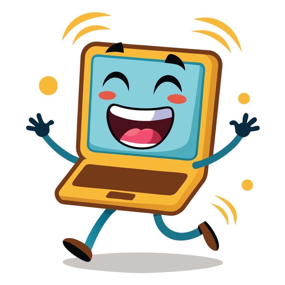 a cartoon laptop running and smiling vector